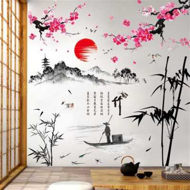 布置粘玄关遮丑贴纸自中贴画山水画墙装饰国风背景客厅墙纸墙电视