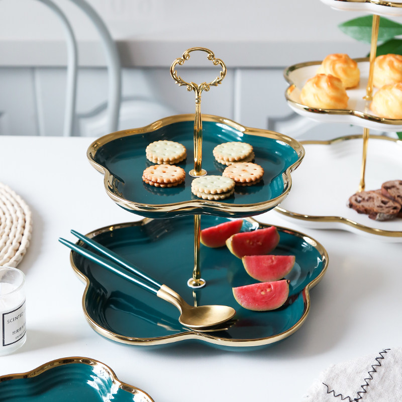 欧式水果盘客厅家用轻奢金边陶A瓷三层蛋糕盘双层下午茶点心零食