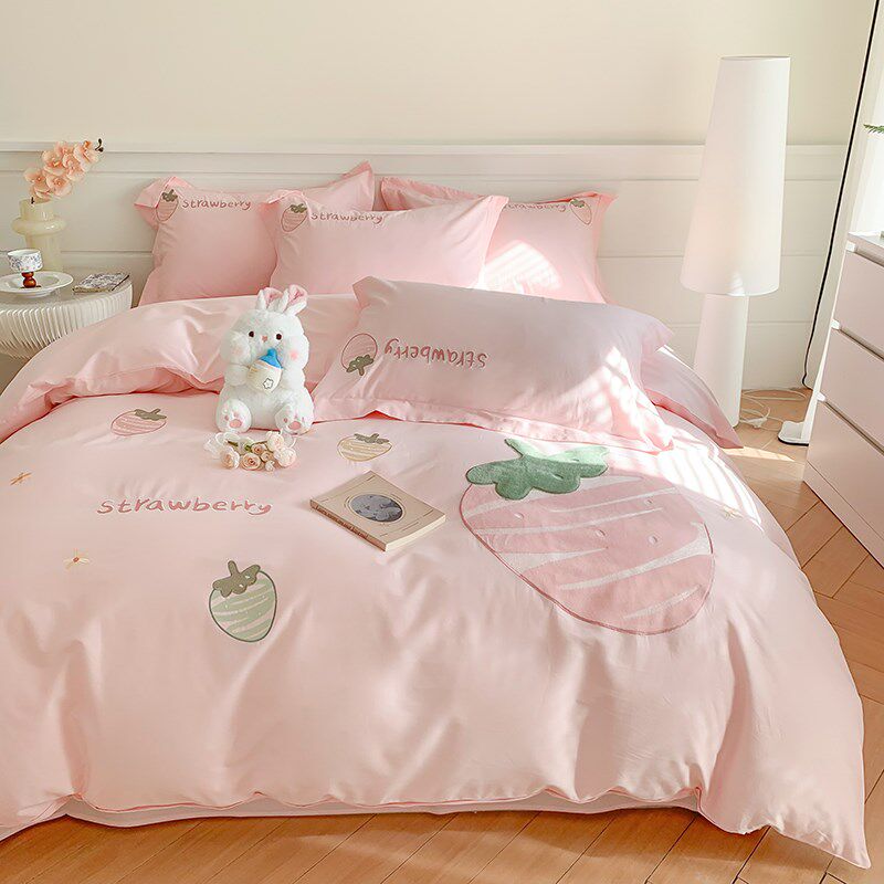 夏季儿童四e件套女孩房粉色可爱女童 小公主床上纯棉被套甜美少女
