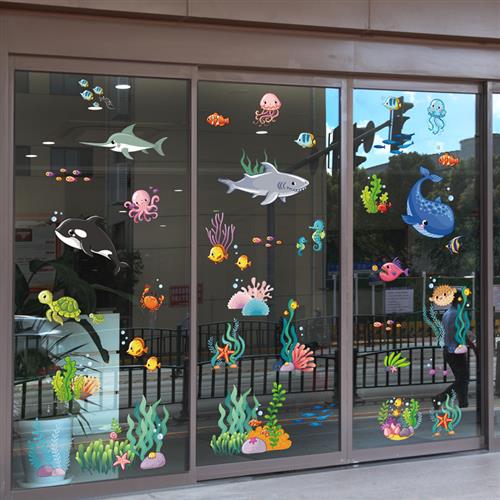 海底世界海洋玻璃贴纸幼儿园窗户静电贴画儿童房装饰卡通小图案贴图片