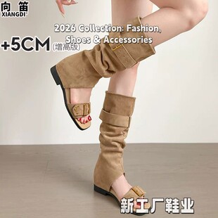 牛皮版5cm内增高不过膝长靴辣妹风两穿堆堆靴子女夏天露趾凉FF23