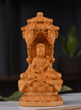 崖柏木雕西方三圣塔大日如来观音大势至办公室客厅桌面工艺品H64