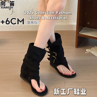 牛皮版内增高小个子夏天露趾人字凉靴女褶皱堆堆短靴夹趾罗马FF54