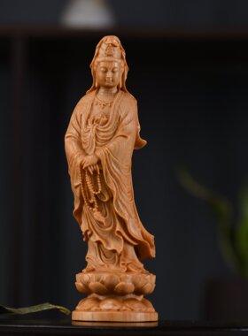 崖柏实木雕刻观世音菩萨佛像念珠观音供奉装饰摆件工艺品黄杨H19