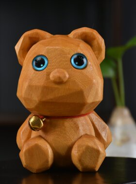 黄杨黄金檀木雕财神卡比巴拉猫咪小鹿工艺品摆件木质动物桌面H92