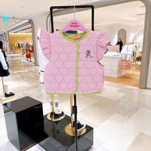 Pink Dragon粉龙韩国童装代购26春女童木耳边两面穿马甲背心夹棉