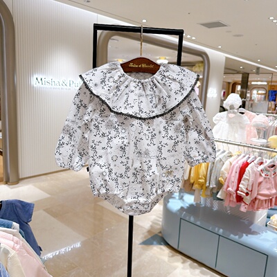 chocolat巧克力韩国代购童装26春季女宝荷叶领碎花纯棉包屁连体衣