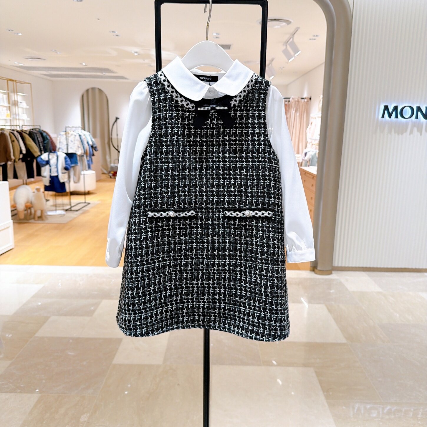 T+韩国童装代购2026春季女童白色翻领衬衫无袖小香风连衣裙套装