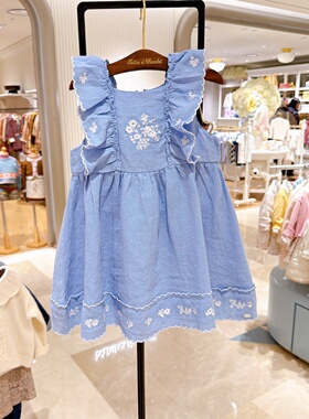 chocolat巧克力韩国童装代购26夏女童纯棉刺绣木耳边吊带连衣裙