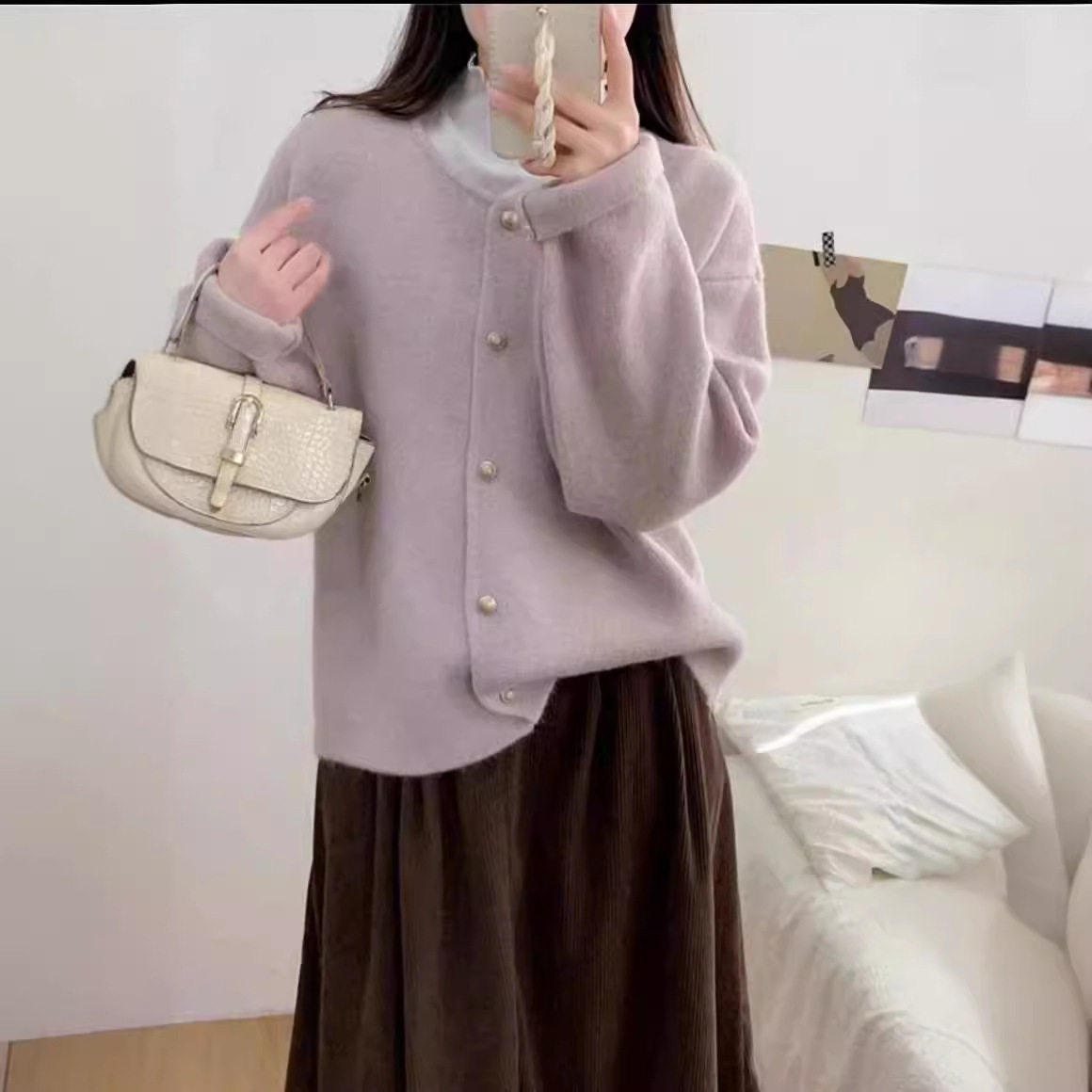 妙安娜~单排扣纯色圆领毛衣外套女高级感时尚韩版针织开衫慵懒风