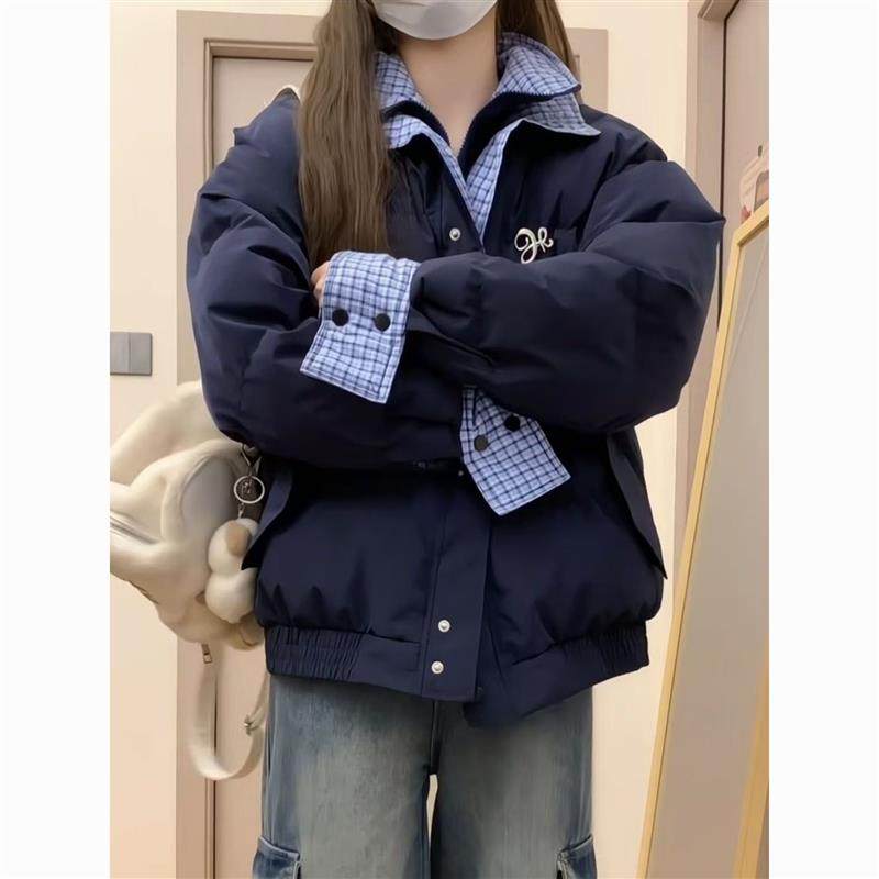 美式复古格纹拼接撞色假两件棉服女冬季新款百搭双层领外套面包服,女装/女士精品,时尚套装,淘宝优惠券,粉丝福利购,淘宝优惠卷