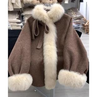 咖色加厚呢子短款毛领大衣女2025年新款秋冬高级感环保毛毛呢外套