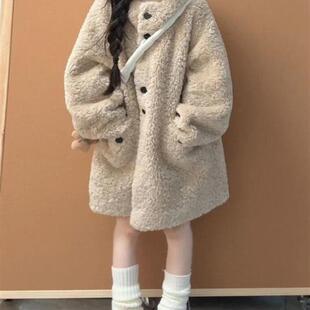 2025新款韩系慵懒风连帽羊羔毛绒外套女秋冬季爆款中长款加厚大衣