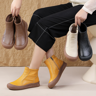 真皮老人棉鞋女冬加绒加厚软底短靴中老年奶奶保暖防滑妈妈鞋平底