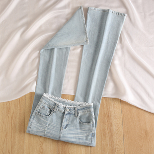 腰显瘦蕾丝花边喇叭裤 高修身 女2025新款 拉夏贝尔浅蓝色微喇牛仔裤