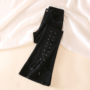 拉夏贝尔高街设计感绑带黑色微喇牛仔裤女修身显瘦百搭拖地喇叭裤