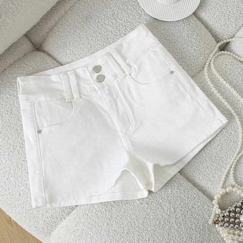拉夏贝尔白色双扣牛仔短裤女2026