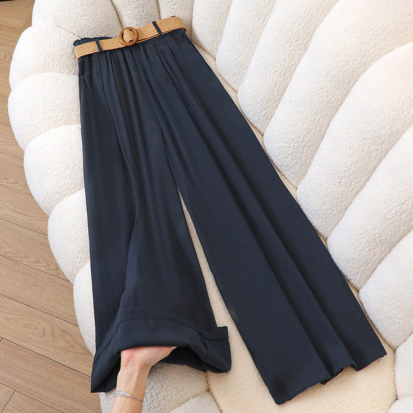 拉夏贝尔慵懒感深蓝阔腿裤女2026新款高腰显瘦宽松拖地休闲长裤,女装/女士精品,休闲裤,淘宝优惠券,粉丝福利购,淘宝优惠卷