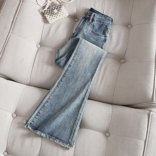 拉夏贝尔高腰毛边微喇牛仔裤女2025秋新款弹力修身显瘦拖地喇叭裤