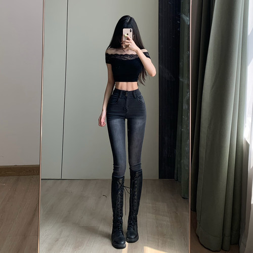 拉夏贝尔深灰色紧身牛仔裤女早秋