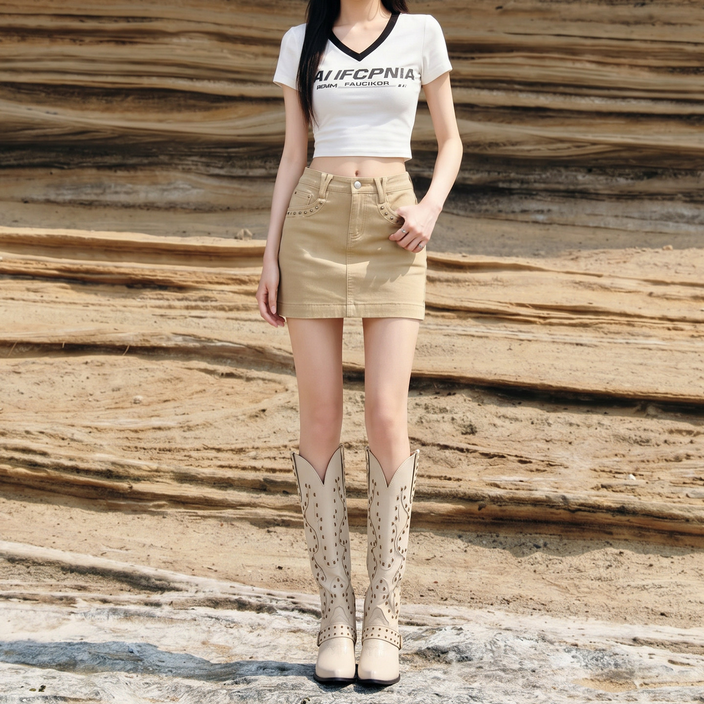 拉夏贝尔卡其高腰紧身牛仔短裙女2026夏时尚修身显瘦半身包臀裙子