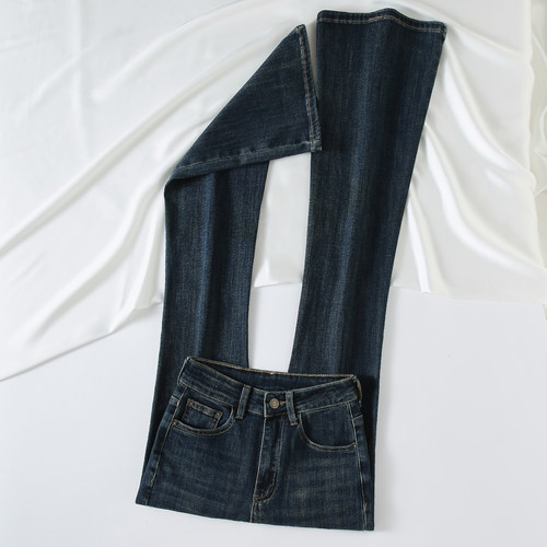 拉夏贝尔加绒高腰微喇牛仔裤女