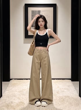 拉夏贝尔卡其阔腿牛仔裤女2026