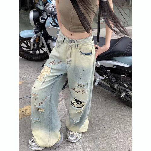 拉夏贝尔美式破洞阔腿牛仔裤女