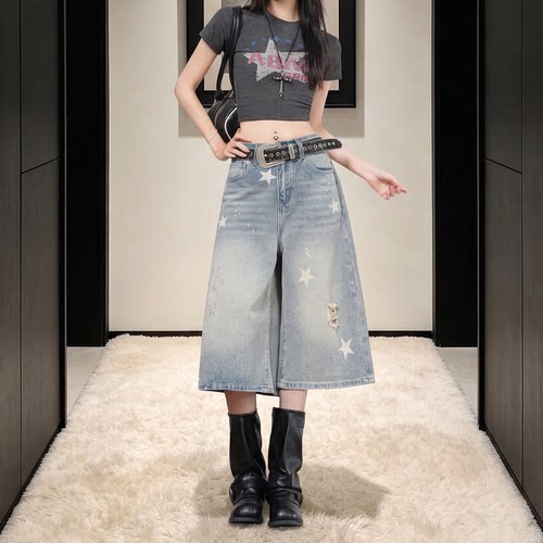 拉夏贝尔美式复古七分阔腿牛仔裤