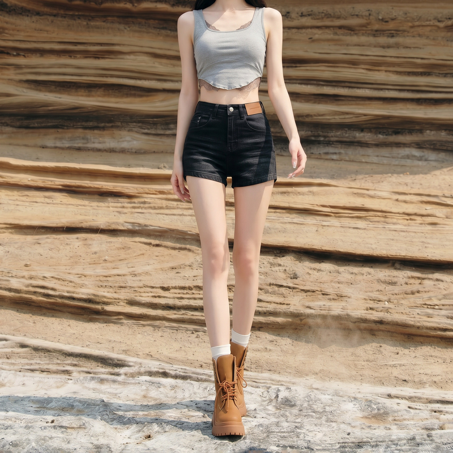 拉夏贝尔黑灰色高腰牛仔短裤女2026新款a字弹力包臀辣妹显瘦热裤