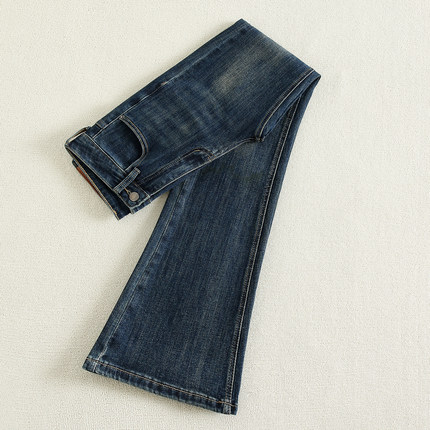 拉夏贝尔美式深蓝低腰微喇叭牛仔裤女加绒新款辣妹弹力显瘦拖地裤