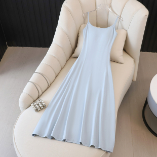 拉夏贝尔蓝色性感吊带连衣裙2026春季 蓝色吊带长裙伞裙裙子 新款