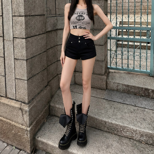 拉夏贝尔黑色牛仔短裤女2026夏季