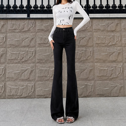 拉夏贝尔黑色微喇牛仔裤女2026夏