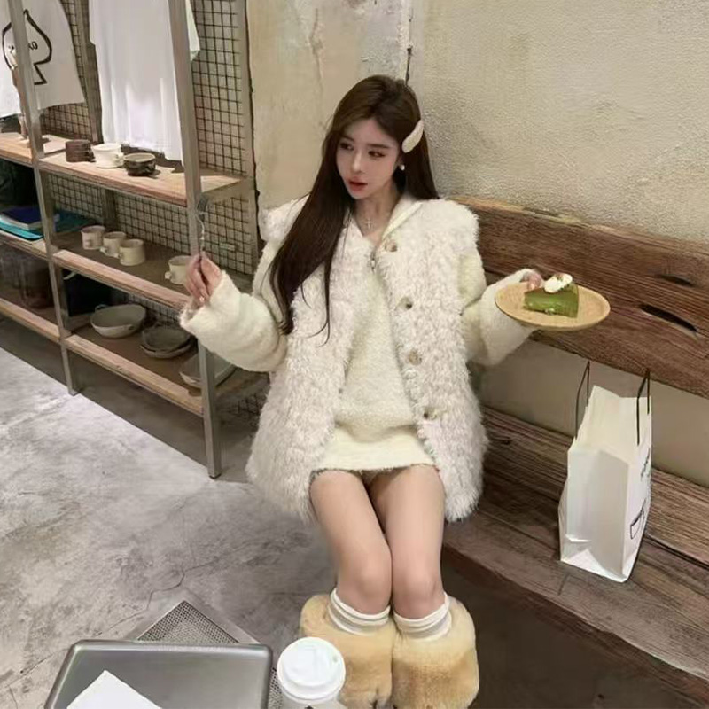 实体档口韩系超甜时髦气质风宽松内搭毛衣开衫纯色毛绒外套两件套