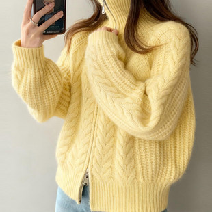 黄色双拉链高领针织开衫外套绞花纹毛衣女冬季加厚慵懒高级感上衣