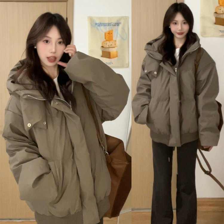 咖色连帽棉衣棉服外套女2024年新款冬季韩系穿搭美式复古棉袄外套