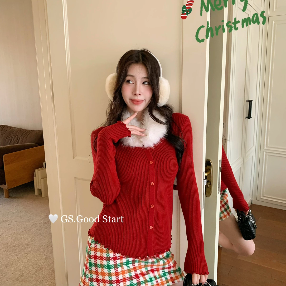 GS韩系氛围感毛领针织上衣女冬季十三行新款弹力显瘦内搭打底衫