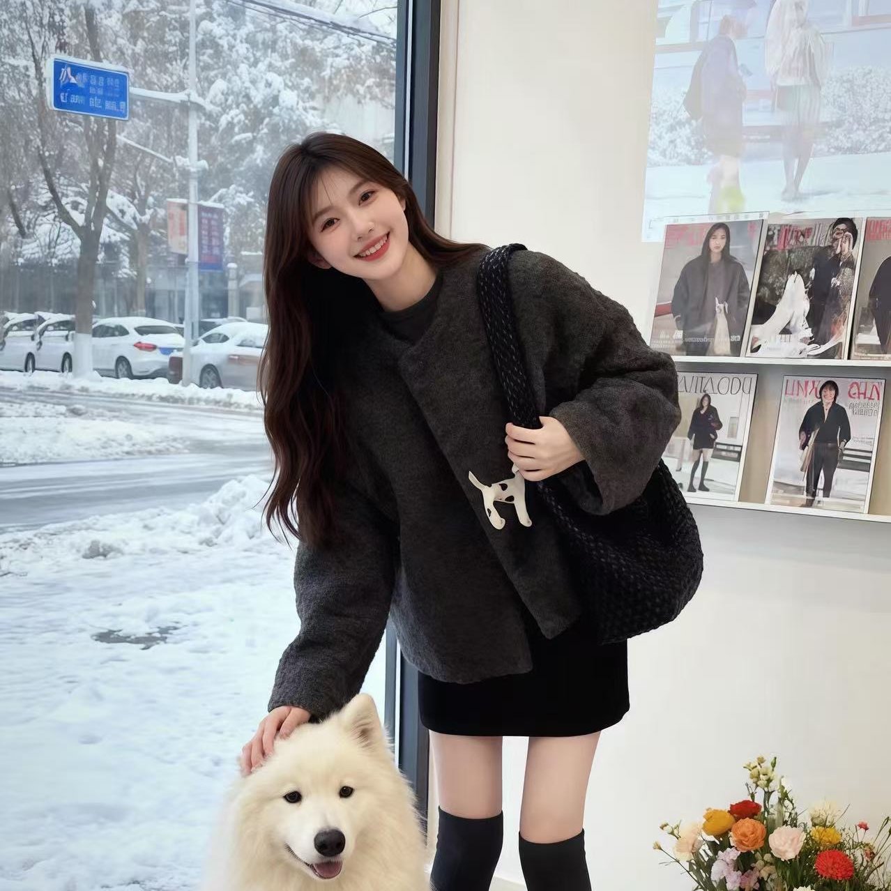 冬装搭配一整套韩剧穿搭名媛小香风灰色毛呢外套半身裙两件套装女