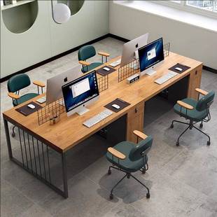 纯实木员工桌办公室员工办公桌4人位职员桌工位办公桌原木工业风