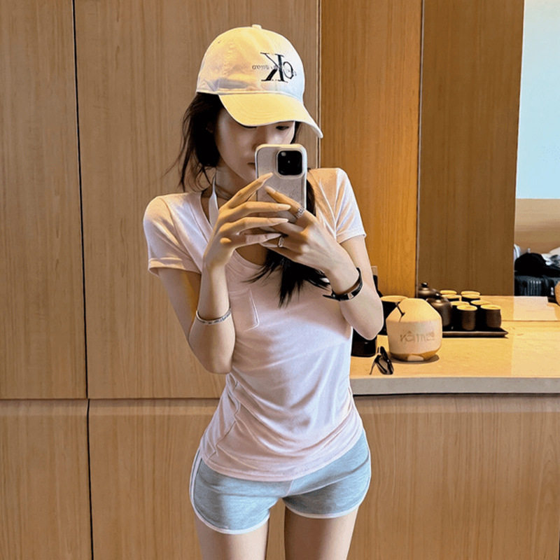 纯欲风口袋u领短袖T恤女夏季收腰修身打底衫辣妹粉色紧身百搭上衣