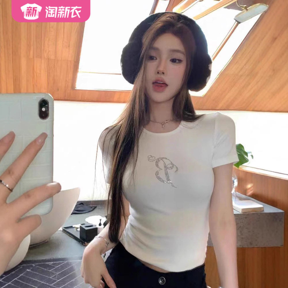重工镶钻圆领短袖正肩T恤女夏季美式甜酷辣妹风修身显瘦短款上衣