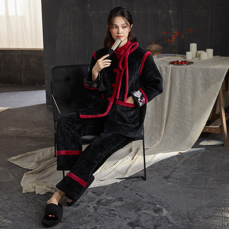 招财进宝新款三层夹棉加绒加厚可外穿冬季时尚睡衣女款家居服套装