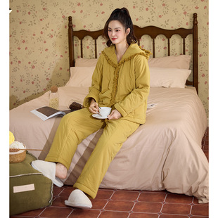 秋冬季时尚新款加绒加厚棉服睡衣女夹棉里外纯棉家居服套装可外穿