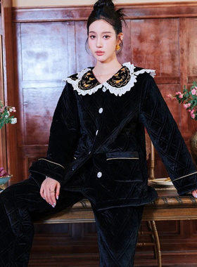 冬季新款原创丝绒三层加厚夹棉毛绒睡衣女两件宽松加绒家居服套装