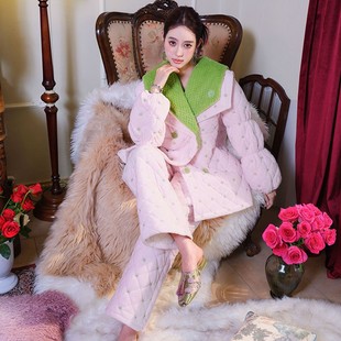 冬季三层夹棉加厚睡衣女毛绒大翻领洋气时尚加绒可外穿家居服套装