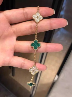 18K金黄金手链女款四叶草孔雀石白贝母黑玛瑙镶钻满钻五花手链女