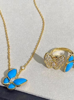 18K金项链玫瑰金黄金蝴蝶满钻项链孔雀石绿松石白贝母镶钻项链