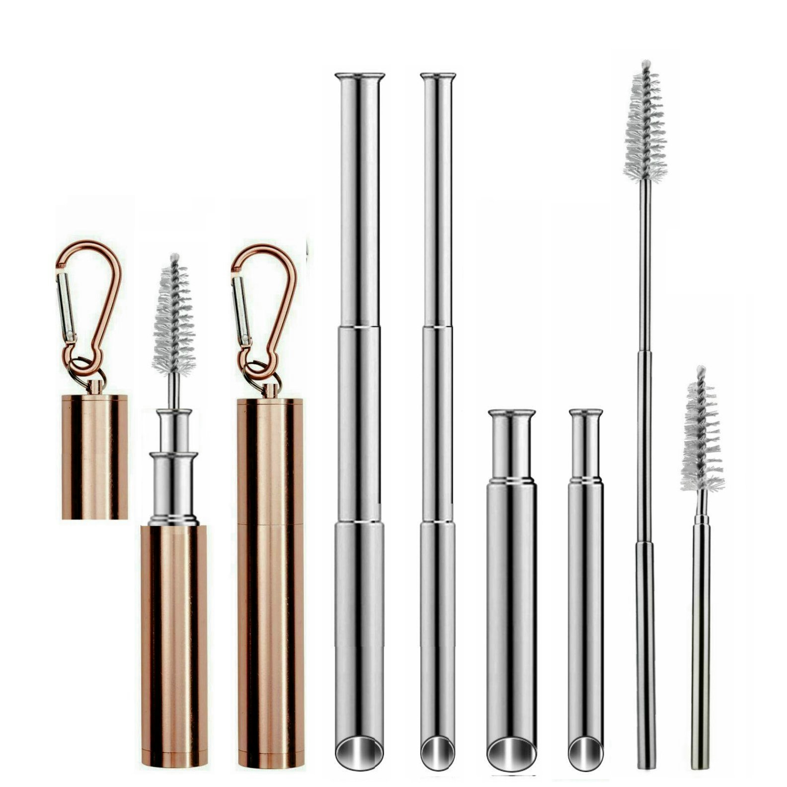 跨境不锈钢斜口大小伸缩吸管304创意彩色硅胶套装 金属伸缩吸管勺