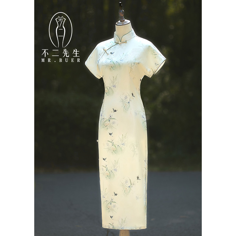 不二先生印花小立领旗袍年轻款短袖连衣裙国风日常古风连衣裙长款